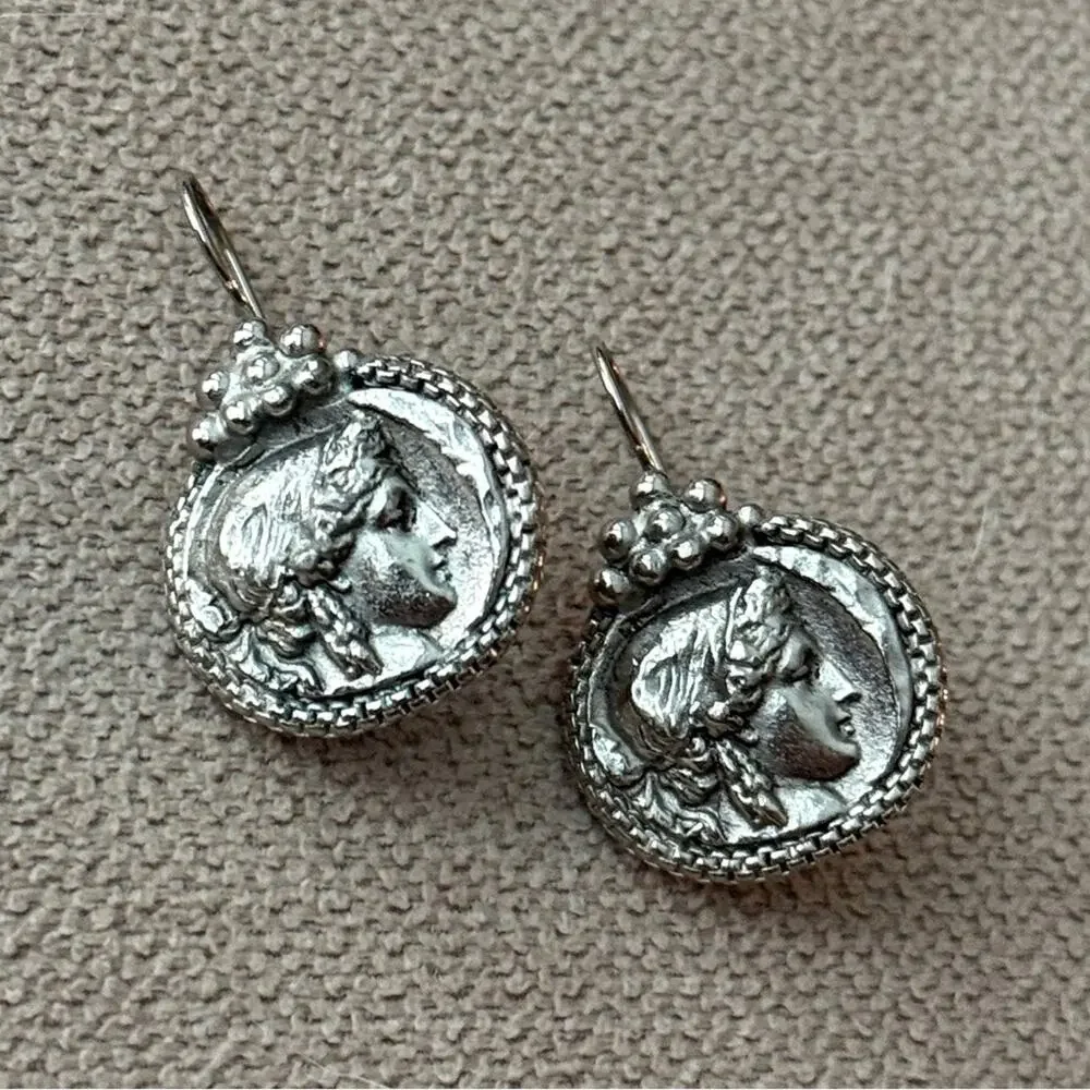 VINTAGE Maeve Carr Nee York Art Nouveau Greek Portrait Silver Tone Earrings